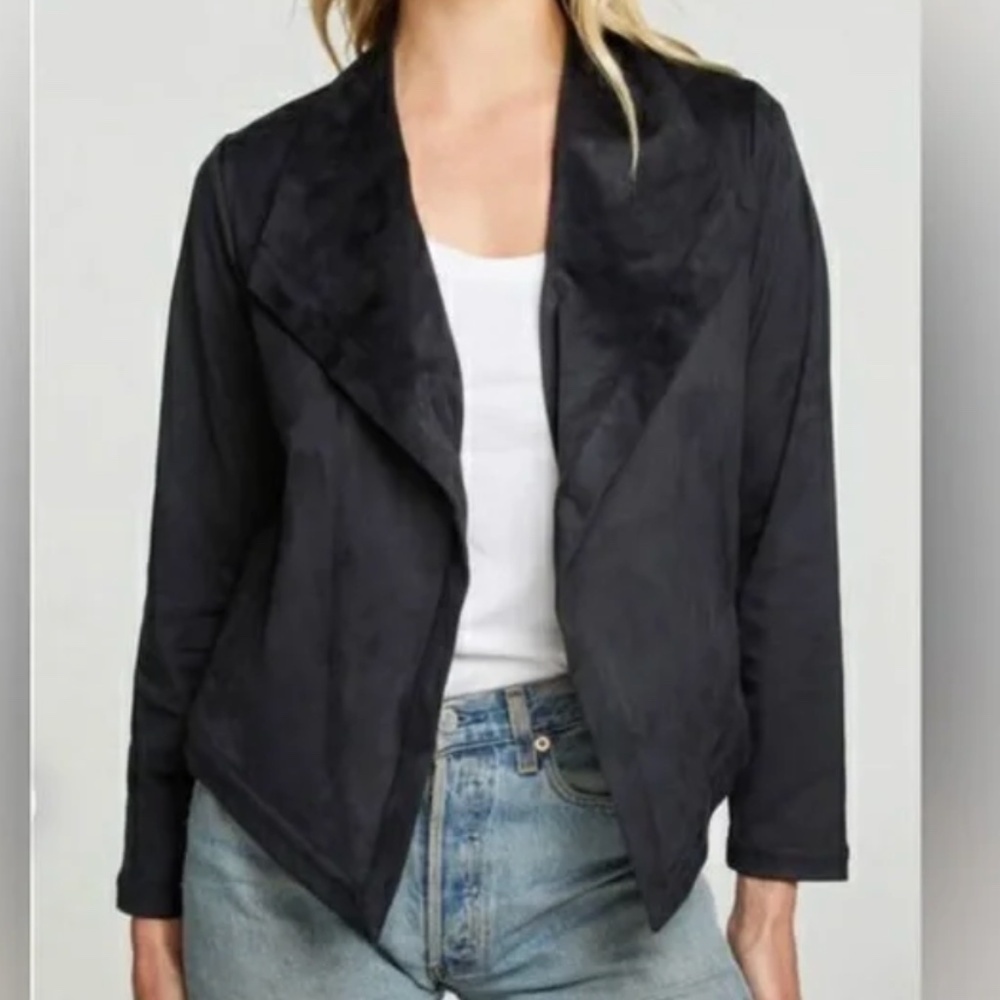 Chaser Faux Suede Long Sleeve Draped Open Front Jacket Black Size Small